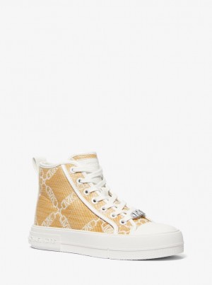Adidasi Dama Michael Kors Evy Empire Logo Jacquard Straw High-Top Sneaker Nat/Opticwht | 21AGOBRTZ