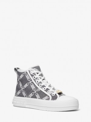 Adidasi Dama Michael Kors Evy Empire Logo Jacquard High-Top Sneaker Negrii Albi | 28ONKXGFJ