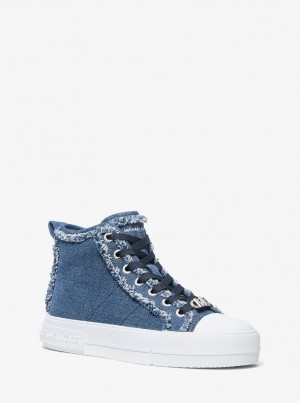 Adidasi Dama Michael Kors Evy Frayed Denim High-Top Sneaker Albastri | 40RWNLYAU