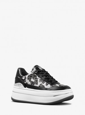 Adidasi Dama Michael Kors Hayes Leopard Logo and Leather Platform Sneaker Negrii | 52GYZVSOC