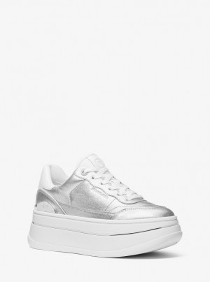 Adidasi Dama Michael Kors Hayes Metallic Leather Platform Sneaker Argintii | 49VAKTRJW