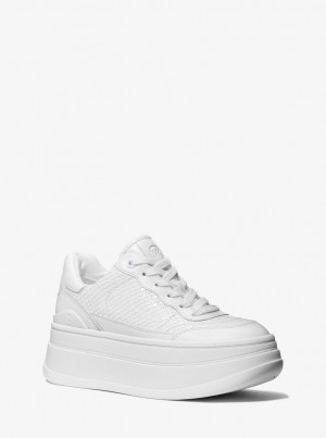 Adidasi Dama Michael Kors Hayes Snake Embossed Leather Platform Sneaker Albi | 37IHJDFPS