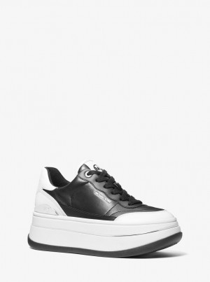 Adidasi Dama Michael Kors Hayes Two-Tone Leather Platform Sneaker Negrii Albi | 82JISVTQG