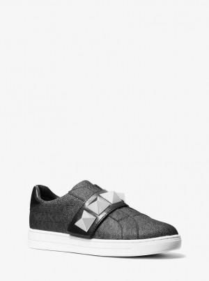 Adidasi Dama Michael Kors Kenna Logo and Studded Leather Sneaker Negrii | 18KVZUGRL
