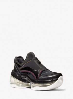Adidasi Dama Michael Kors Olympia Extreme Scuba and Leather Zip-Front Trainer Negrii | 75UOZEFXS