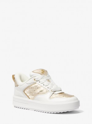 Adidasi Dama Michael Kors Rumi Leather and Logo-Embossed Metallic Platform Sneakers Aurii | 21WJVMOIN