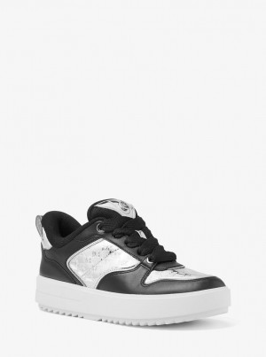 Adidasi Dama Michael Kors Rumi Leather and Logo-Embossed Metallic Platform Sneakers Argintii | 54UIXECGP