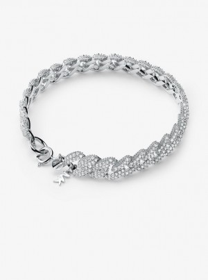 Bratari Dama Michael Kors Precious Metal-Plated Sterling Silver Pave Curb Link Bracelet Argintii | 13LSTHNKP