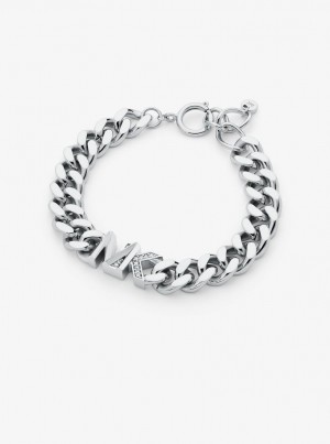 Bratari Dama Michael Kors Precious Metal-Plated Brass Pave Logo Curb Link Bracelet Argintii | 45VROYDQZ