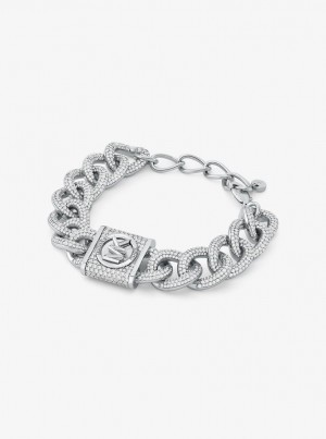 Bratari Dama Michael Kors Precious Metal-Plated Brass Pave Lock Curb Link Bracelet Argintii | 47VGCBMTF