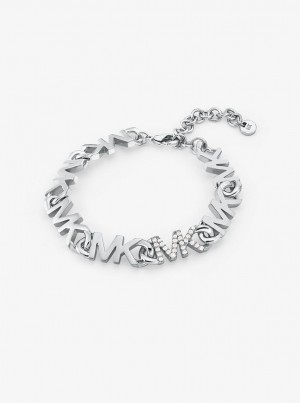 Bratari Dama Michael Kors Precious Metal-Plated Brass Pave Logo Chain Bracelet Argintii | 48RGPQVHY