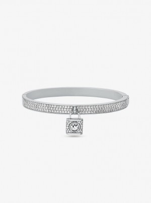 Brățări Dama Michael Kors Precious Metal-Plated Brass Pave Lock Bangle Argintii | 25SLGYDZB
