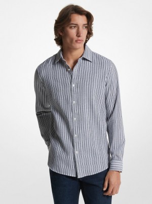 Camasa Barbati Michael Kors Stretch Cotton Striped Woven Shirt Midnight | 80LGDZHUM