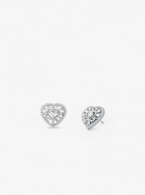 Cercei Dama Michael Kors Precious Metal-Plated Sterling Silver Pave Heart Stud Earrings Argintii | 40HAVJMYG