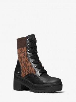Cizme Dama Michael Kors Brea Leather and Logo Jacquard Combat Boot Maro | 75XSUALDM