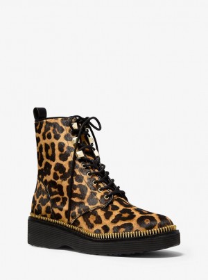 Cizme Dama Michael Kors Haskell Leopard Calf Hair Combat Boot Butterscotch | 69YJRFQHM