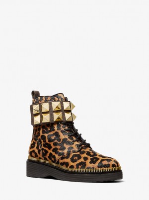 Cizme Dama Michael Kors Haskell Studded Printed Calf Hair Combat Boot Butterscotch | 65UJMYNBE