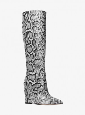 Cizme Dama Michael Kors Isra Snake Embossed Leather Wedge Boot Negrii | 91LYRBWUA