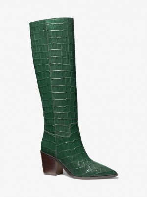 Cizme Dama Michael Kors Loni Crocodile Embossed Leather Boot Moss | 16OMNHWYI