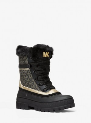 Cizme Dama Michael Kors Ozzie Metallic Logo Boot Negrii Aurii | 83RKAPWJQ