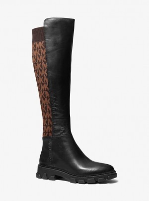 Cizme Dama Michael Kors Ridley Leather and Logo Jacquard Knee Boot Maro | 34QDJKXLI
