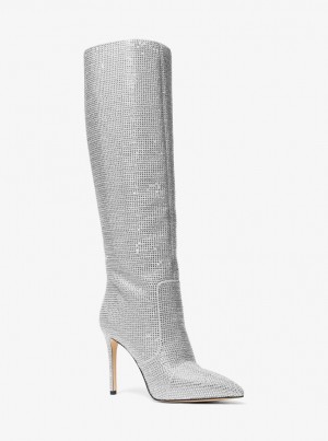Cizme Dama Michael Kors Rue Embellished Glitter Chain-Mesh Knee Boot Argintii | 63ARNUPVT