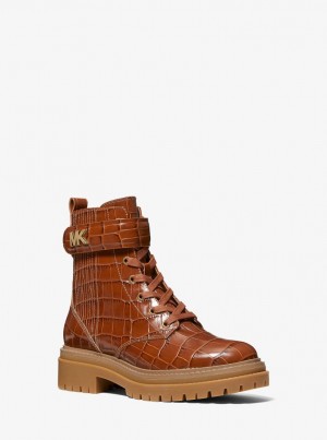 Cizme Dama Michael Kors Stark Crocodile Embossed Leather Combat Boot Maro | 86QWDIPJK