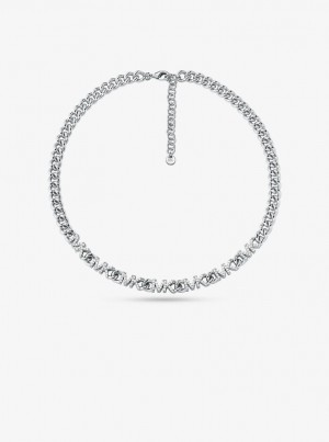 Coliere Dama Michael Kors Precious Metal-Plated Brass Pave Logo Chain Necklace Argintii | 70DRKHCYE
