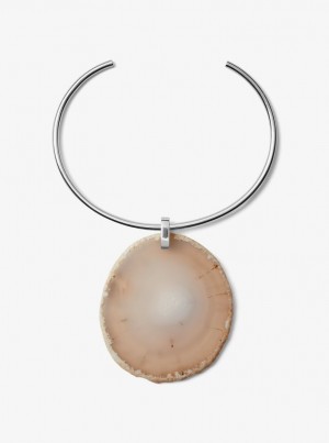 Coliere Dama Michael Kors Precious Metal-Plated Brass and Agate Collar Necklace Argintii Gri Maro | 37AWEUYRV
