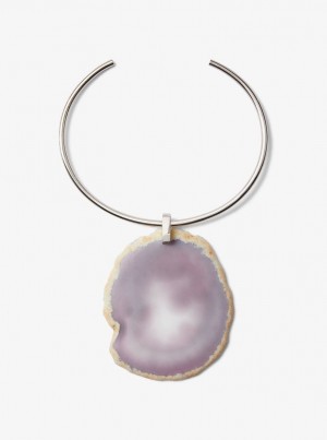 Coliere Dama Michael Kors Precious Metal-Plated Brass and Agate Collar Necklace Argintii Gri | 05EASKWHF