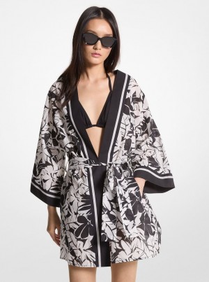 Costume de Baie Dama Michael Kors Palm Print Cotton Cover-Up Negrii Albi | 89XPAVMHU