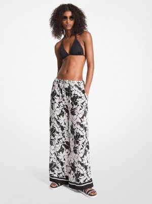 Costume de Baie Dama Michael Kors Palm Print Woven Wide-Leg Pants Negrii Albi | 58RUTHIDY