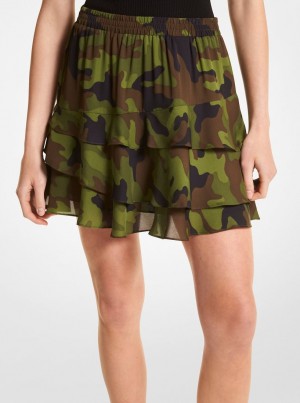 Fuste Dama Michael Kors Camouflage Silk Georgette Ruffled Skirt Masline Verzi | 02NVCWTXE