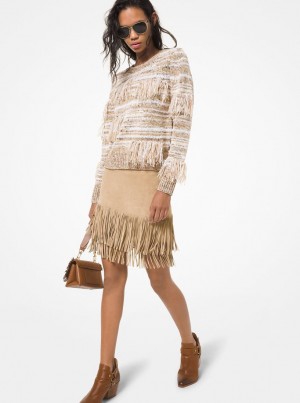 Fuste Dama Michael Kors Fringed Suede Skirt Kaki | 83ZHOKYGF