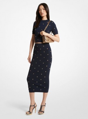 Fuste Dama Michael Kors Grommet-Embellished Stretch Knit Pencil Skirt Albastri Aurii | 65WKQFOAB