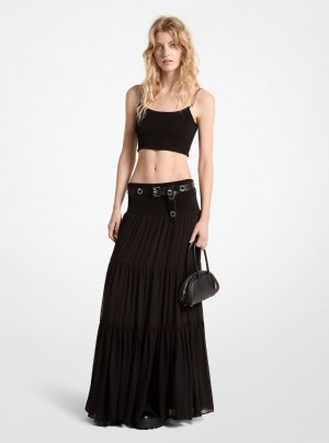 Fuste Dama Michael Kors Tiered Smocked Georgette Maxi Skirt Negrii | 84HUOMSCA