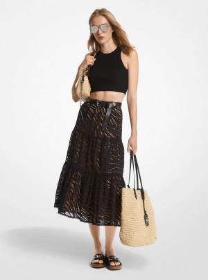 Fuste Dama Michael Kors Zebra Eyelet Cotton Tiered Midi Skirt Negrii | 31UPCHOVT