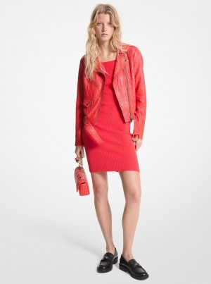 Geaca Dama Michael Kors Crinkled Leather Moto Jacket Corai | 98VHQMNWK