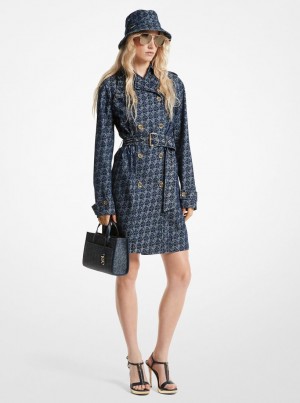 Geaca Dama Michael Kors Empire Signature Logo Jacquard Denim Trench Coat Rinse | 86YIOFCMJ