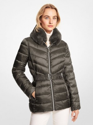 Geaca Dama Michael Kors Faux Fur Trim Quilted Nylon Packable Puffer Jacket Masline Verzi | 08PCMHYZN