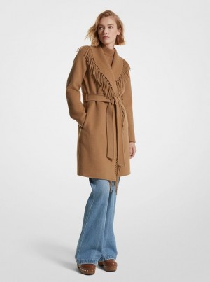 Geaca Dama Michael Kors Fringe Wool Blend Belted Coat Maro Inchis | 01IUXANKZ