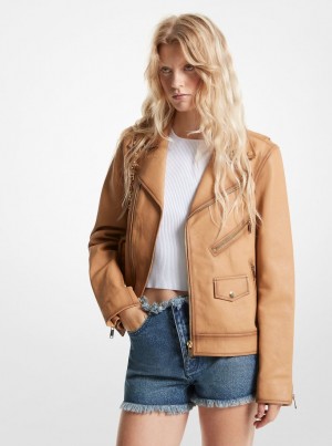 Geaca Dama Michael Kors Leather Moto Jacket Pale Peanut | 95ETXWKFZ