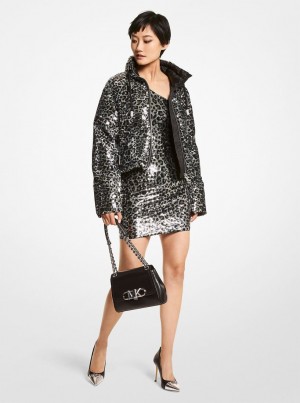 Geaca Dama Michael Kors Leopard Sequined Cropped Puffer Jacket Negrii | 89QBCYRTJ
