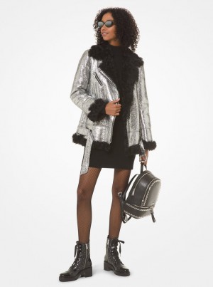 Geaca Dama Michael Kors Metallic Shearling Coat Negrii Argintii | 26WUIEJBF