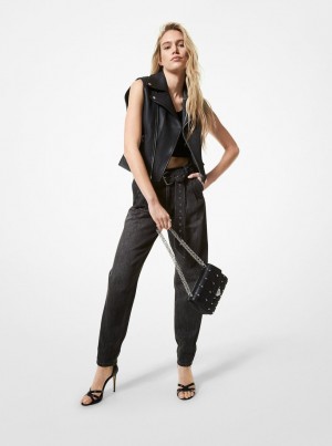 Geaca Dama Michael Kors Pebbled Leather Moto Vest Negrii | 36SYQJXOG