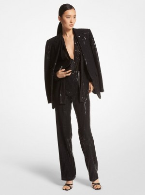 Geaca Dama Michael Kors Pinstripe Sequined Crepe Boyfriend Blazer Negrii | 17XASMWYV