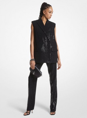 Geaca Dama Michael Kors Pinstripe Sequined Crepe Sleeveless Blazer Negrii | 32JSBGZWH