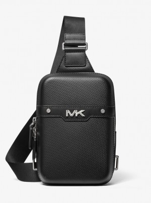 Geanta Crossbody Barbati Michael Kors Varick Medium Textured Leather Sling Pack Negrii | 92JHTOBEC