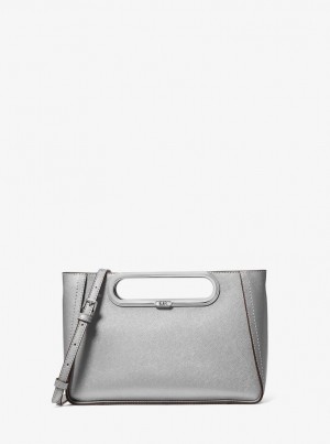 Geanta Crossbody Dama Michael Kors Chelsea Large Metallic Saffiano Leather Convertible Crossbody Bag Argintii | 18JUIALYH