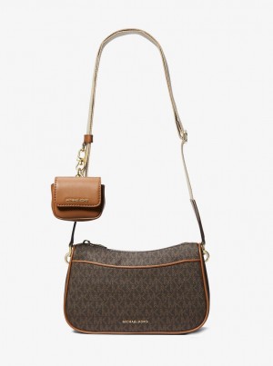 Geanta Crossbody Dama Michael Kors Jet Set Medium Signature Logo Crossbody Bag with Case for Apple AirPods Pro Brn/Acorn | 63JSIWOYK